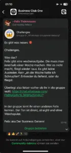 Screenshot der WhatsApp Gruppe des Business Club One mit der Ankündigung einer Challenge-Gruppe