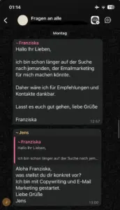 Screenshot von einer Frage an alle in der WhatsApp Gruppe des Business Club One