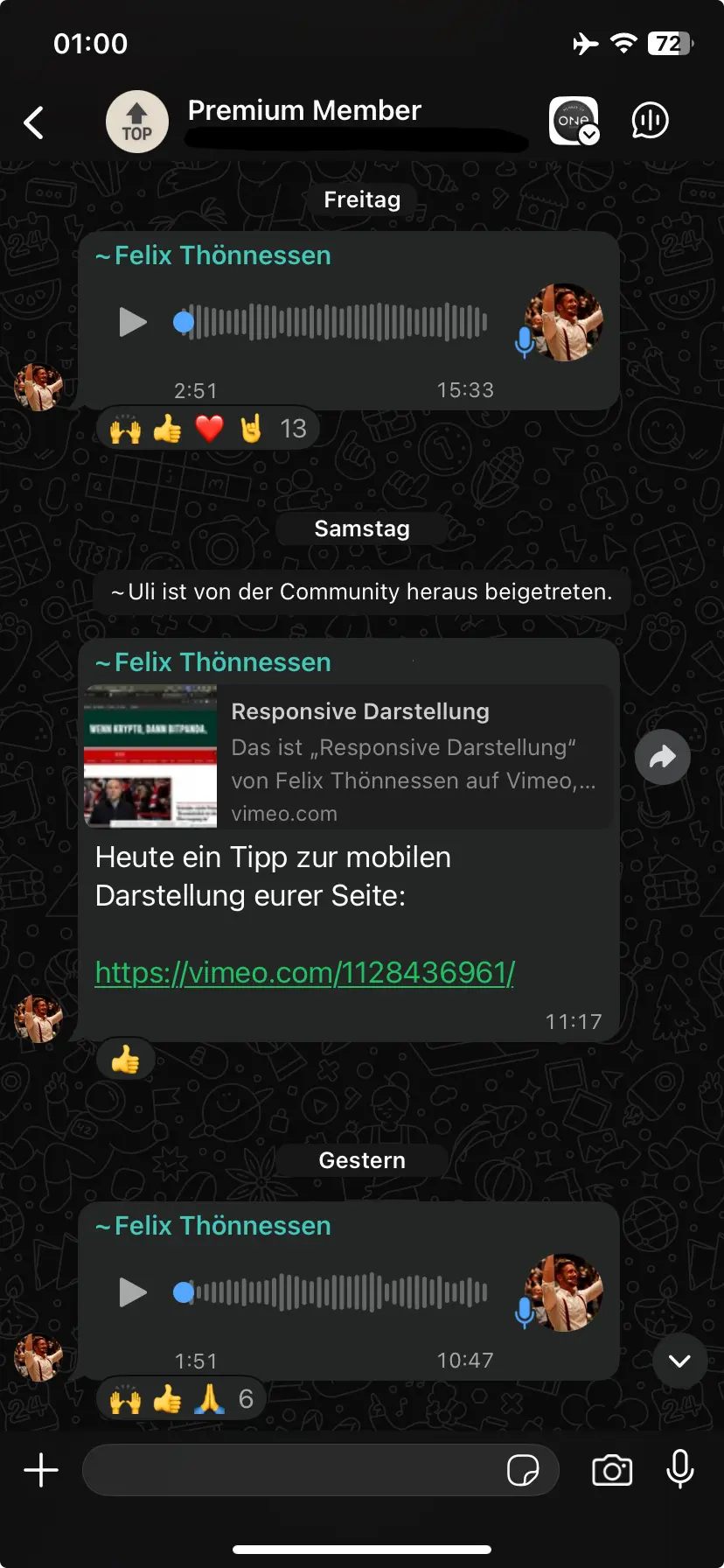 Premium Felix Input und Tipps 2 WhatsApp Screenshot der Business Club One Premium-Gruppe mit Input und Tipps von Felix Thönnessen