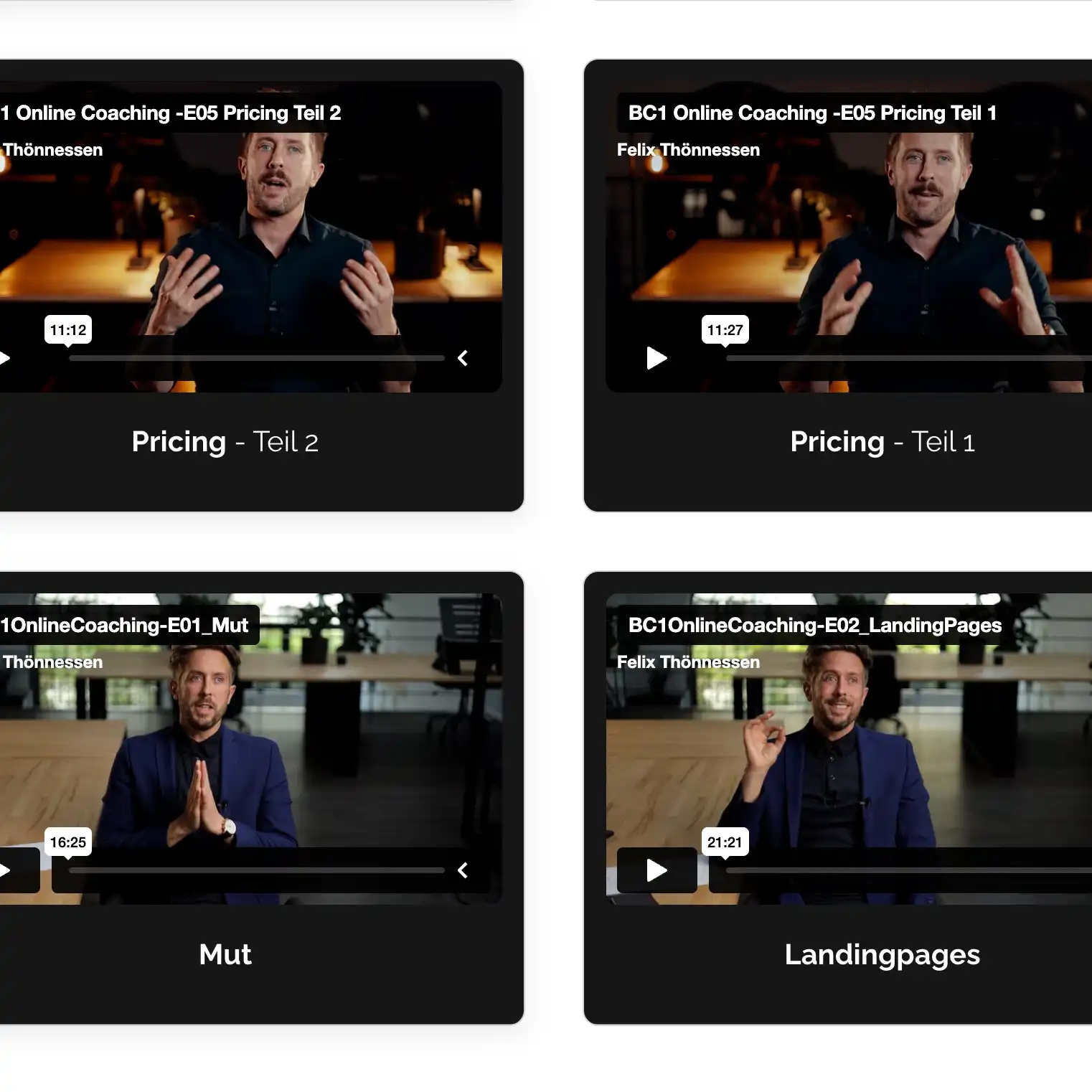 Videos im Memberbereich des Business Club One Screenshot der Videos im Memberbereich mit Impulsen und Tipps von Felix Thönnessen
