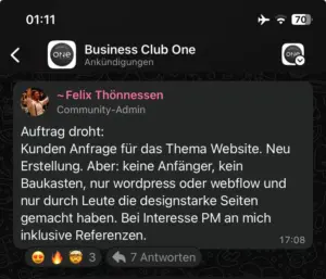 Business Club One WhatsApp Gruppe - Auftragsangebot von Felix Thönnessen